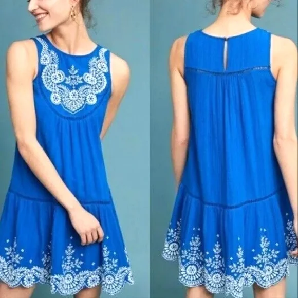 Anthropologie Meadow Rue sleeveles blue dress embroidered scallop hem women's 0 - Picture 1 of 15